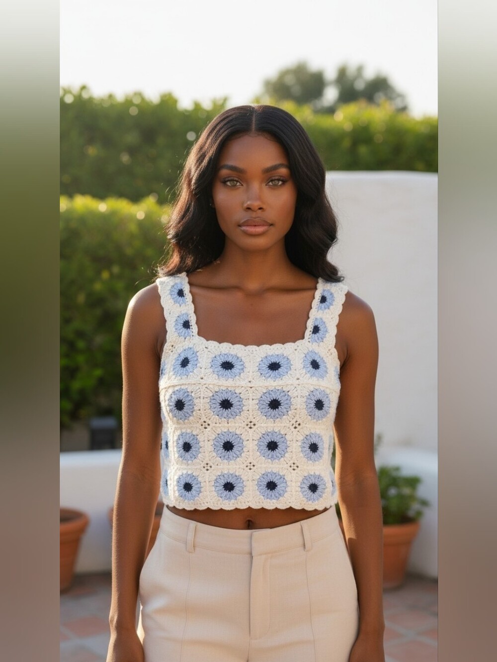Rebellion Blue Cream Crochet Knit Floral Crop Tank Top Women's Small